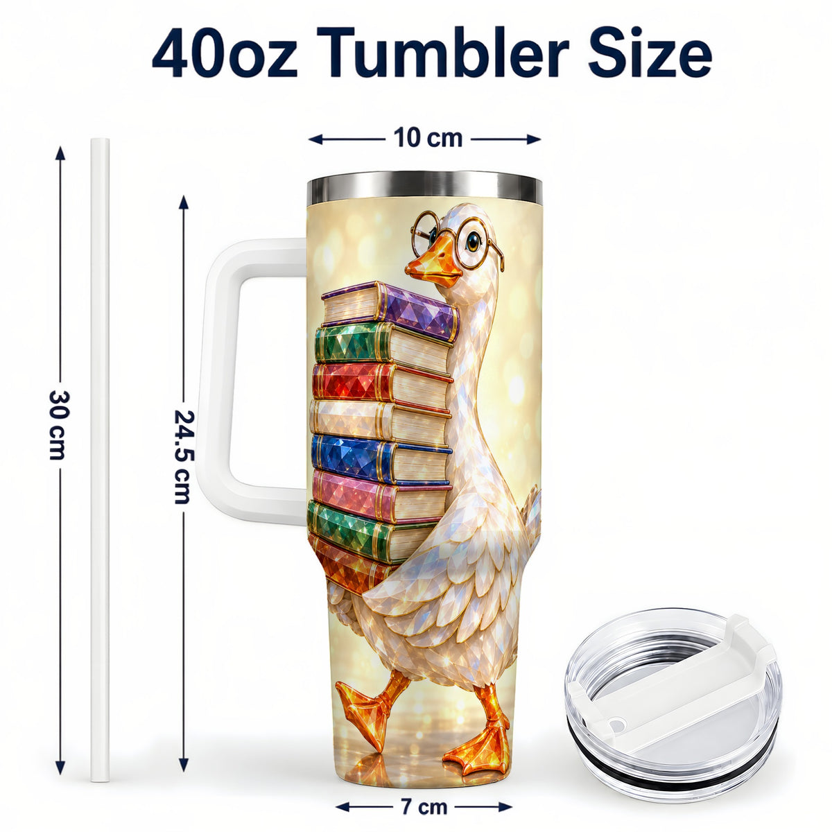#pl[40oz|White] Bookish Goose 40oz Tumbler with Handle, Reading Stainless Steel Cup