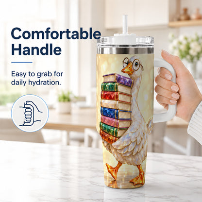 #pl[40oz|White] Bookish Goose 40oz Tumbler with Handle, Reading Stainless Steel Cup
