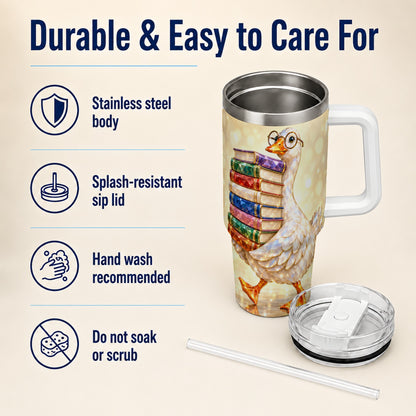 #pl[40oz|White] Bookish Goose 40oz Tumbler with Handle, Reading Stainless Steel Cup