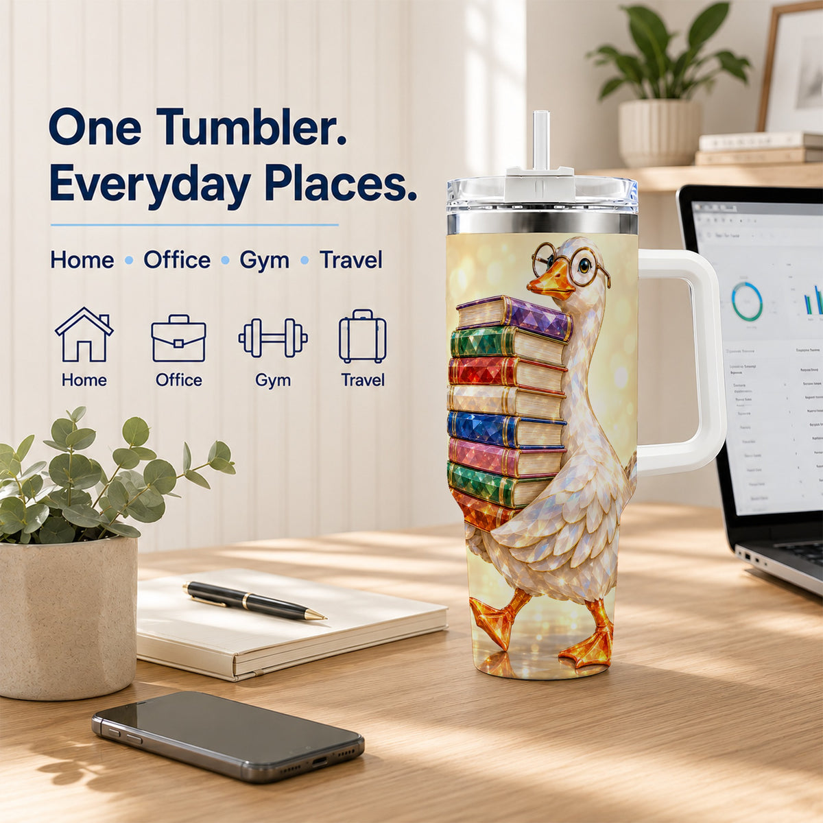 #pl[40oz|White] Bookish Goose 40oz Tumbler with Handle, Reading Stainless Steel Cup
