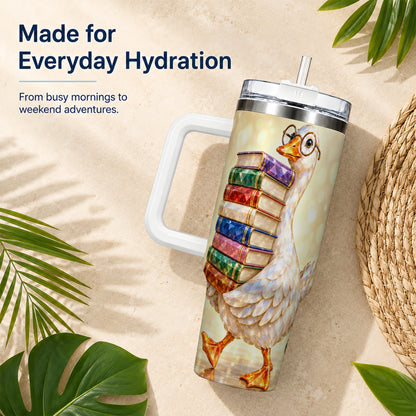 #pl[40oz|White] Bookish Goose 40oz Tumbler with Handle, Reading Stainless Steel Cup