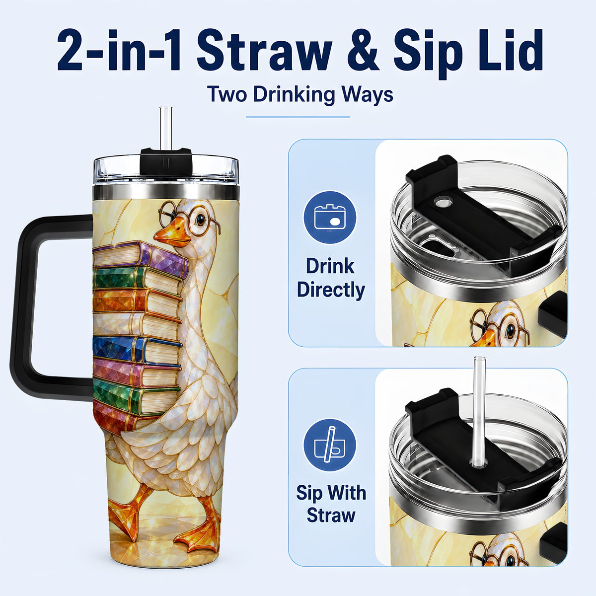 #pl[40oz|Black] Bookish Goose 40oz Tumbler with Handle, Reading Stainless Steel Cup