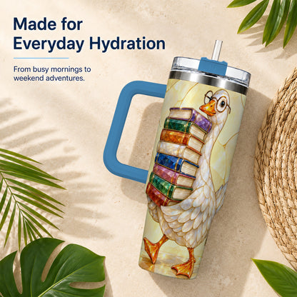 #pl[40oz|Blue] Bookish Goose 40oz Tumbler with Handle, Reading Stainless Steel Cup