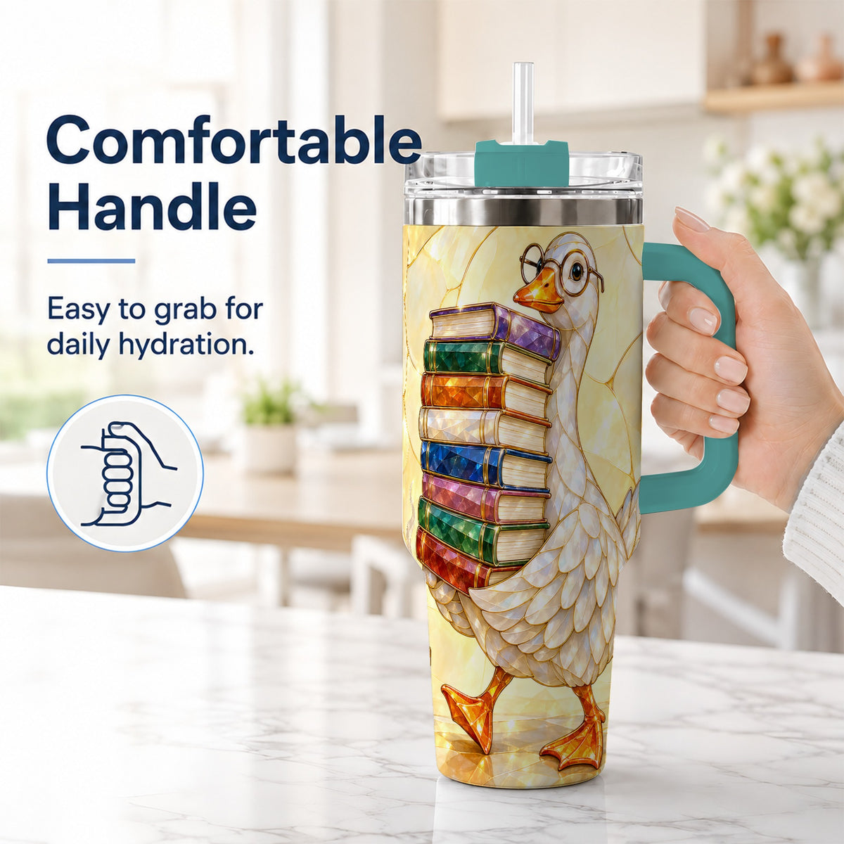 #pl[40oz|Green] Bookish Goose 40oz Tumbler with Handle, Reading Stainless Steel Cup