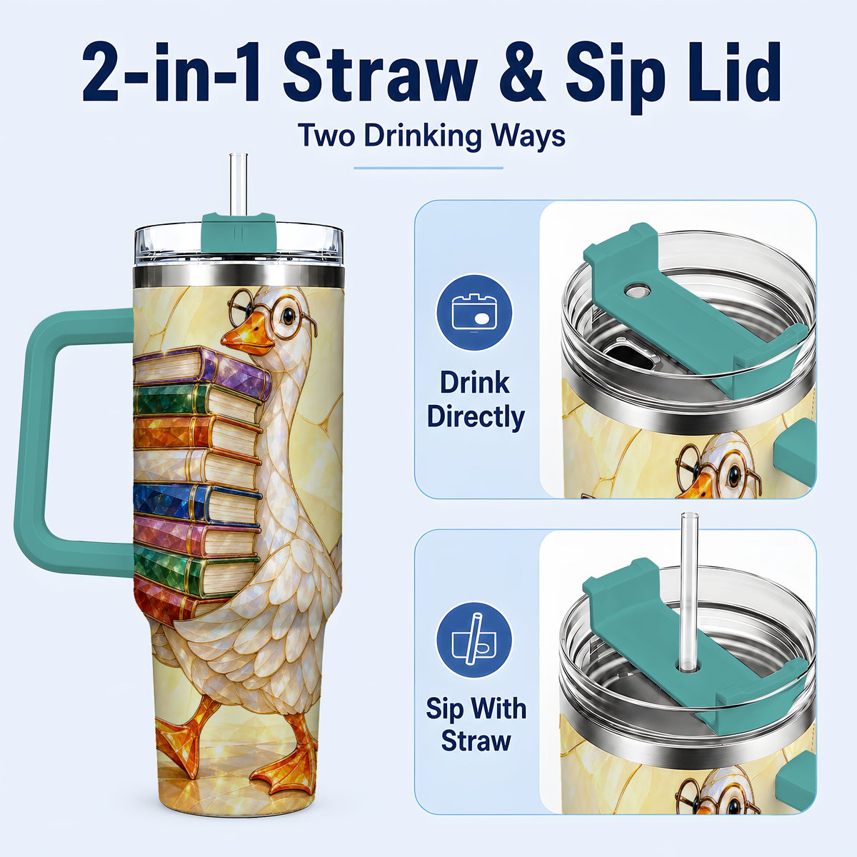 #pl[40oz|Green] Bookish Goose 40oz Tumbler with Handle, Reading Stainless Steel Cup