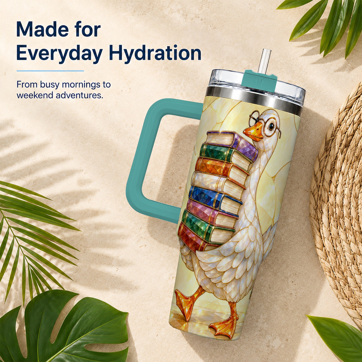 #pl[40oz|Green] Bookish Goose 40oz Tumbler with Handle, Reading Stainless Steel Cup