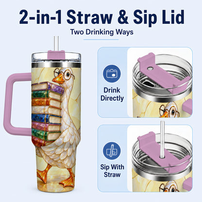 #pl[40oz|Pink] Bookish Goose 40oz Tumbler with Handle, Reading Stainless Steel Cup