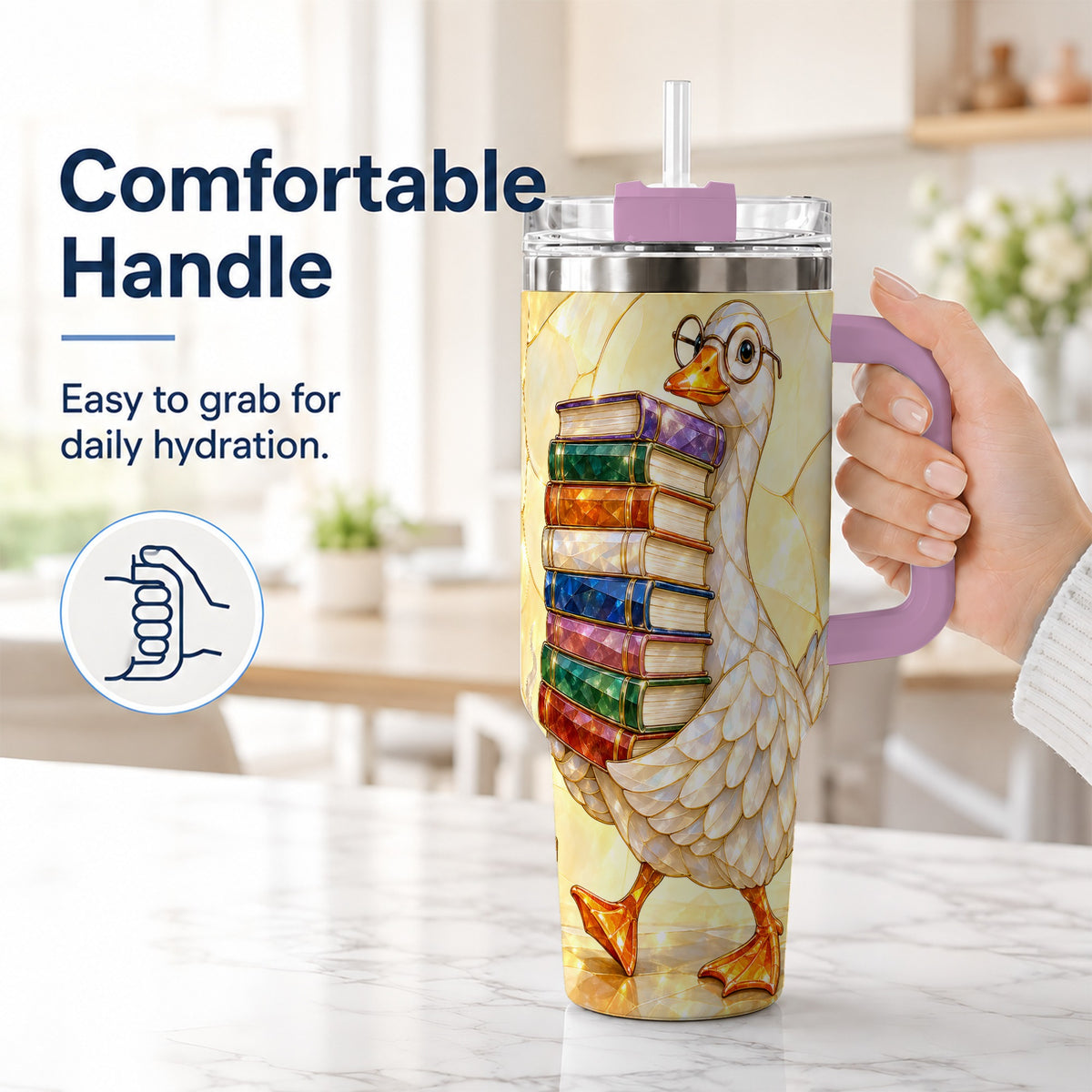 #pl[40oz|Pink] Bookish Goose 40oz Tumbler with Handle, Reading Stainless Steel Cup