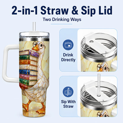 #pl[40oz|White] Bookish Goose 40oz Tumbler with Handle, Reading Stainless Steel Cup