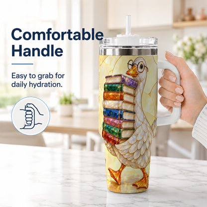 #pl[40oz|White] Bookish Goose 40oz Tumbler with Handle, Reading Stainless Steel Cup