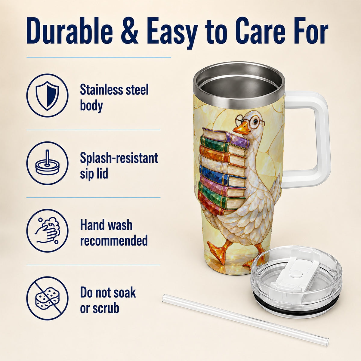 #pl[40oz|White] Bookish Goose 40oz Tumbler with Handle, Reading Stainless Steel Cup