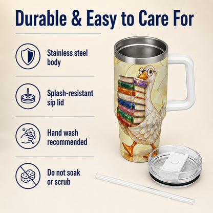 #pl[40oz|White] Bookish Goose 40oz Tumbler with Handle, Reading Stainless Steel Cup