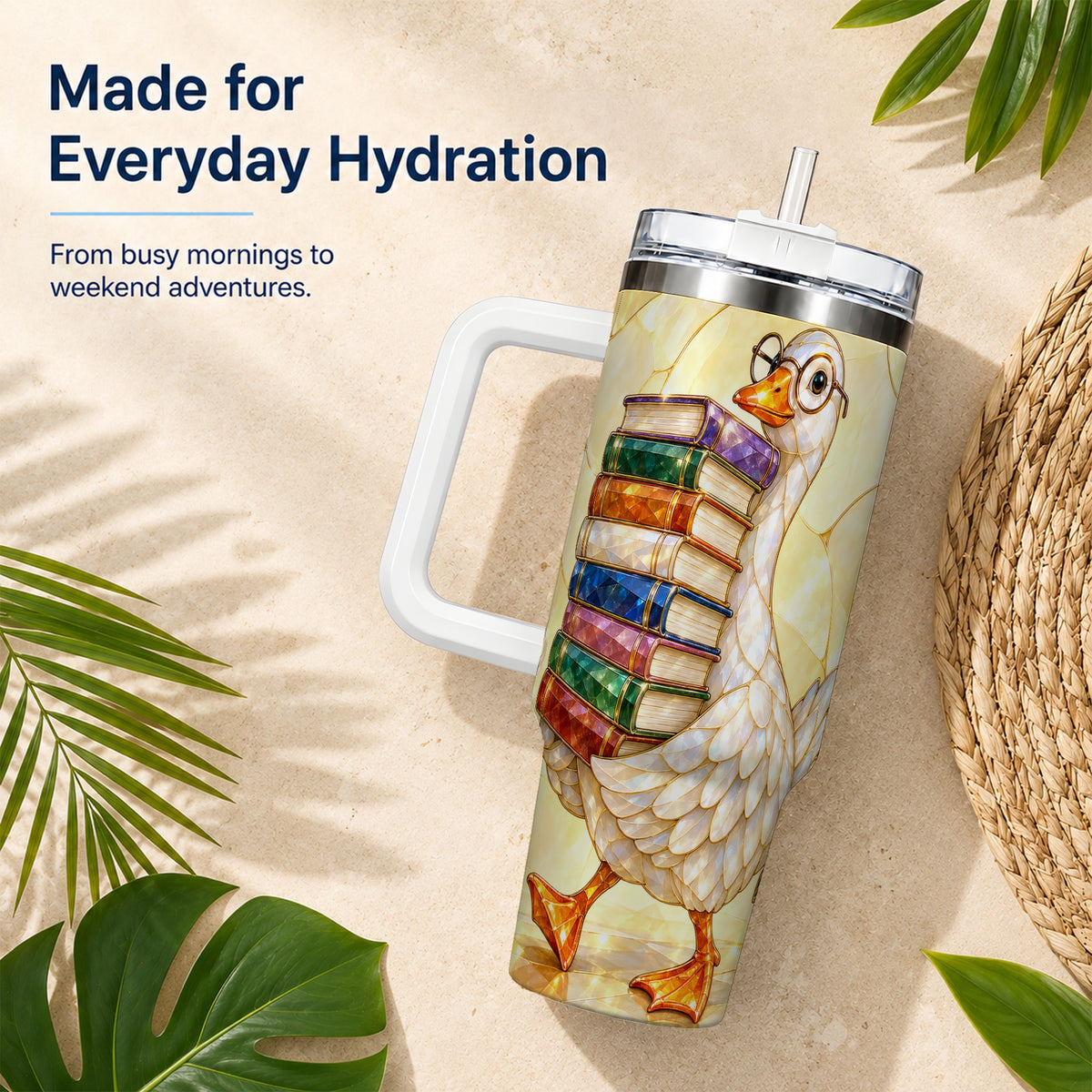 #pl[40oz|White] Bookish Goose 40oz Tumbler with Handle, Reading Stainless Steel Cup
