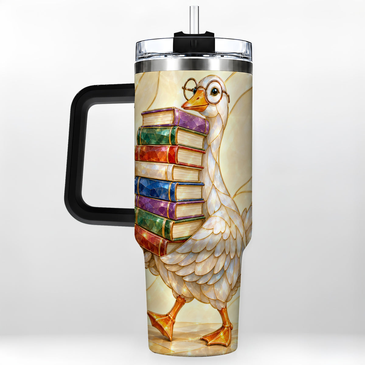#pl[40oz|Black] Bookish Goose 40oz Tumbler with Handle, Reading Bird Travel Cup