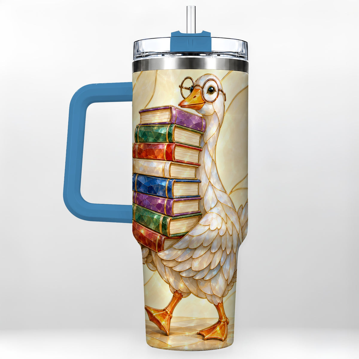 #pl[40oz|Blue] Bookish Goose 40oz Tumbler with Handle, Reading Bird Travel Cup