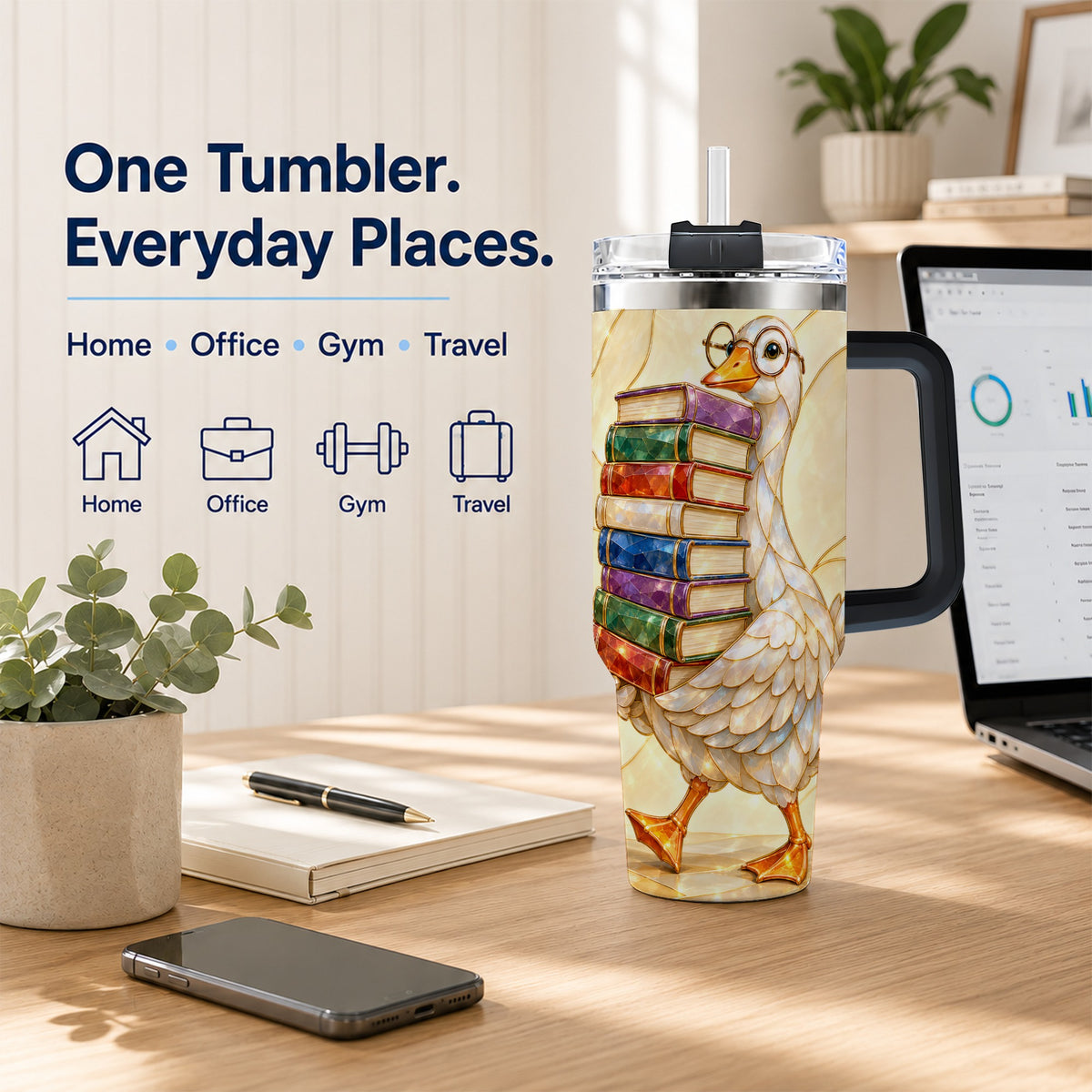 #pl[40oz|Black] Bookish Goose 40oz Tumbler with Handle, Reading Bird Travel Cup