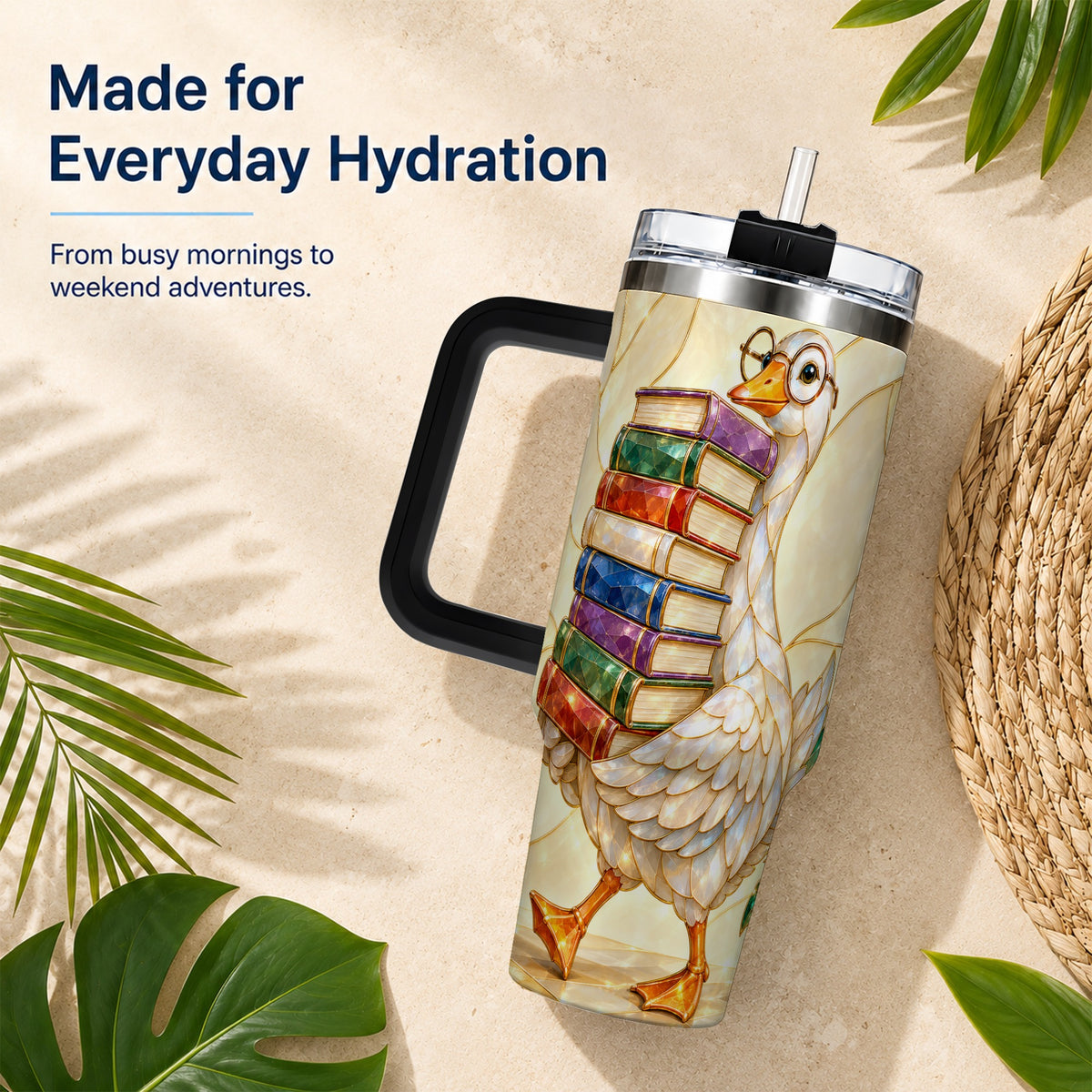 #pl[40oz|Black] Bookish Goose 40oz Tumbler with Handle, Reading Bird Travel Cup
