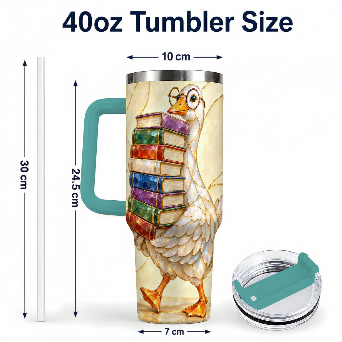 #pl[40oz|Green] Bookish Goose 40oz Tumbler with Handle, Reading Bird Travel Cup