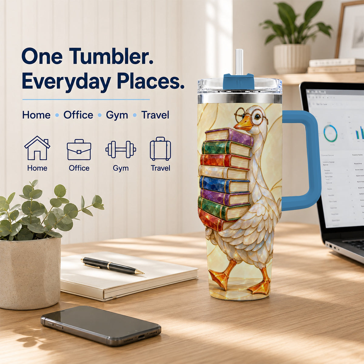 #pl[40oz|Blue] Bookish Goose 40oz Tumbler with Handle, Reading Bird Travel Cup
