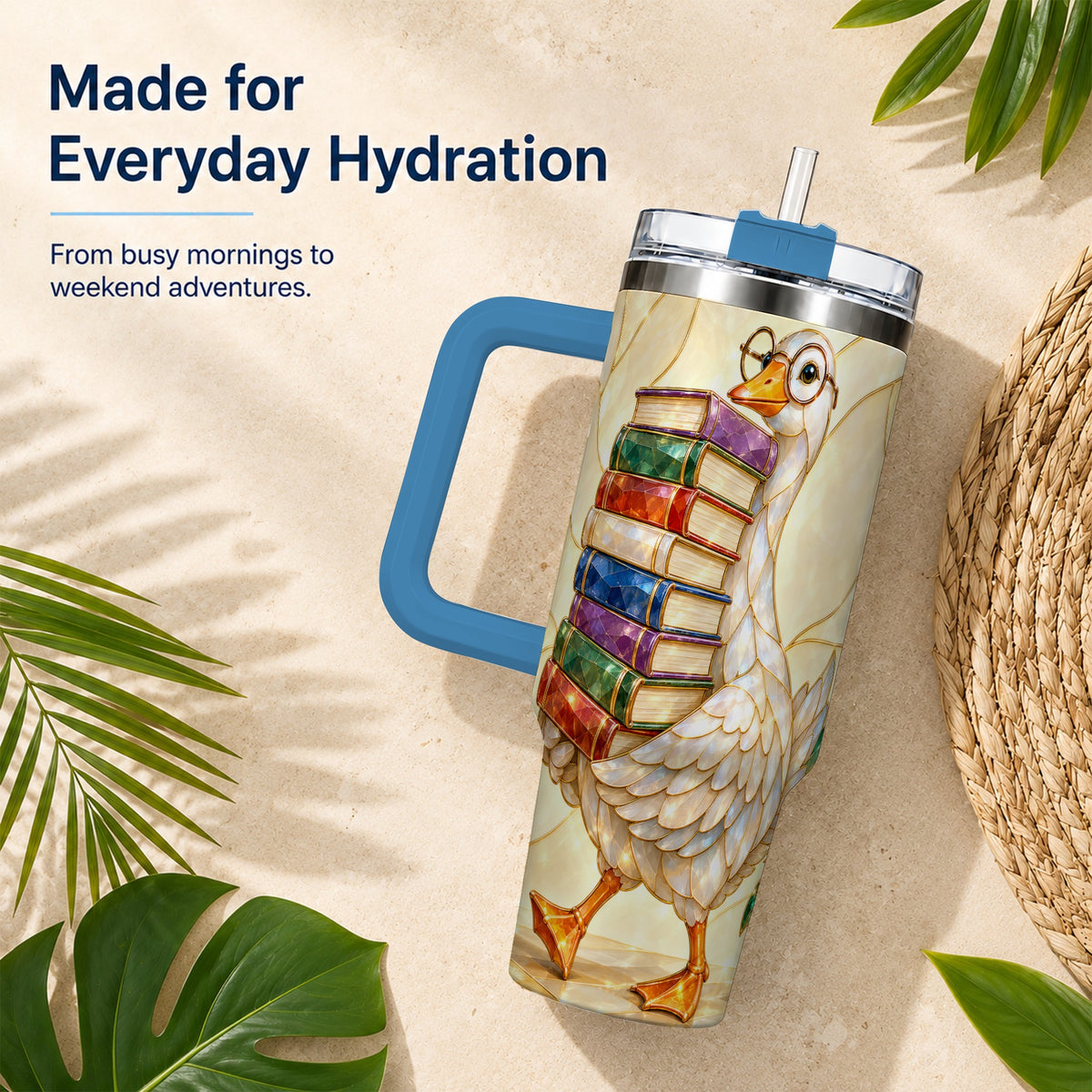 #pl[40oz|Blue] Bookish Goose 40oz Tumbler with Handle, Reading Bird Travel Cup