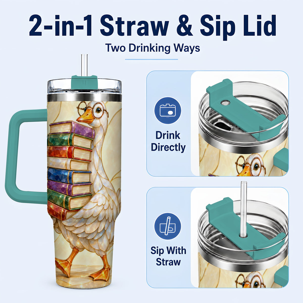 #pl[40oz|Green] Bookish Goose 40oz Tumbler with Handle, Reading Bird Travel Cup