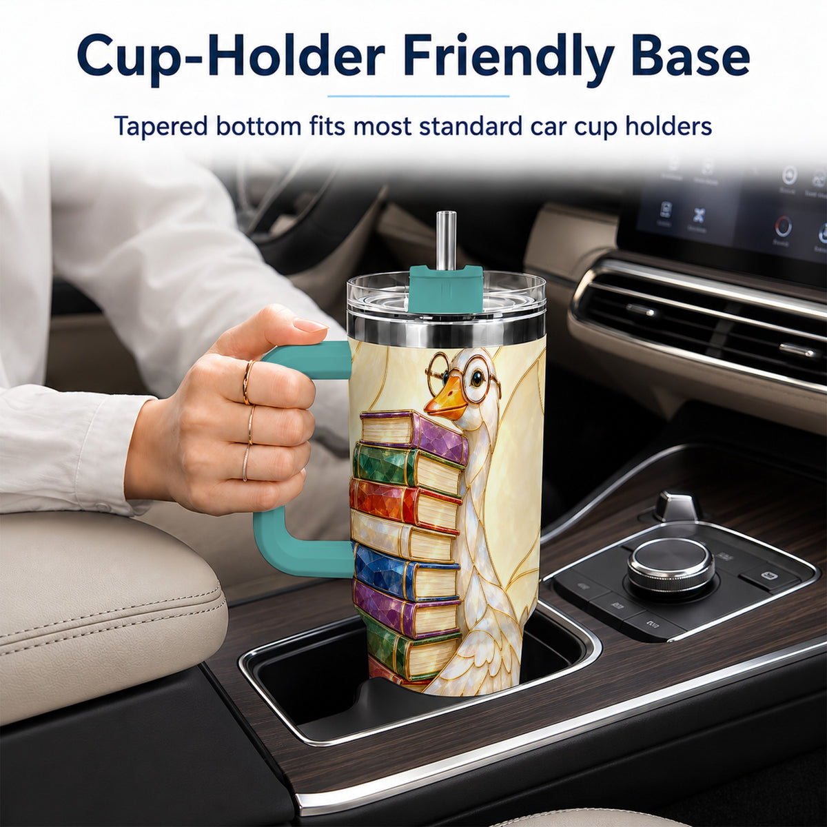 #pl[40oz|Green] Bookish Goose 40oz Tumbler with Handle, Reading Bird Travel Cup