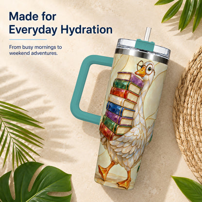 #pl[40oz|Green] Bookish Goose 40oz Tumbler with Handle, Reading Bird Travel Cup