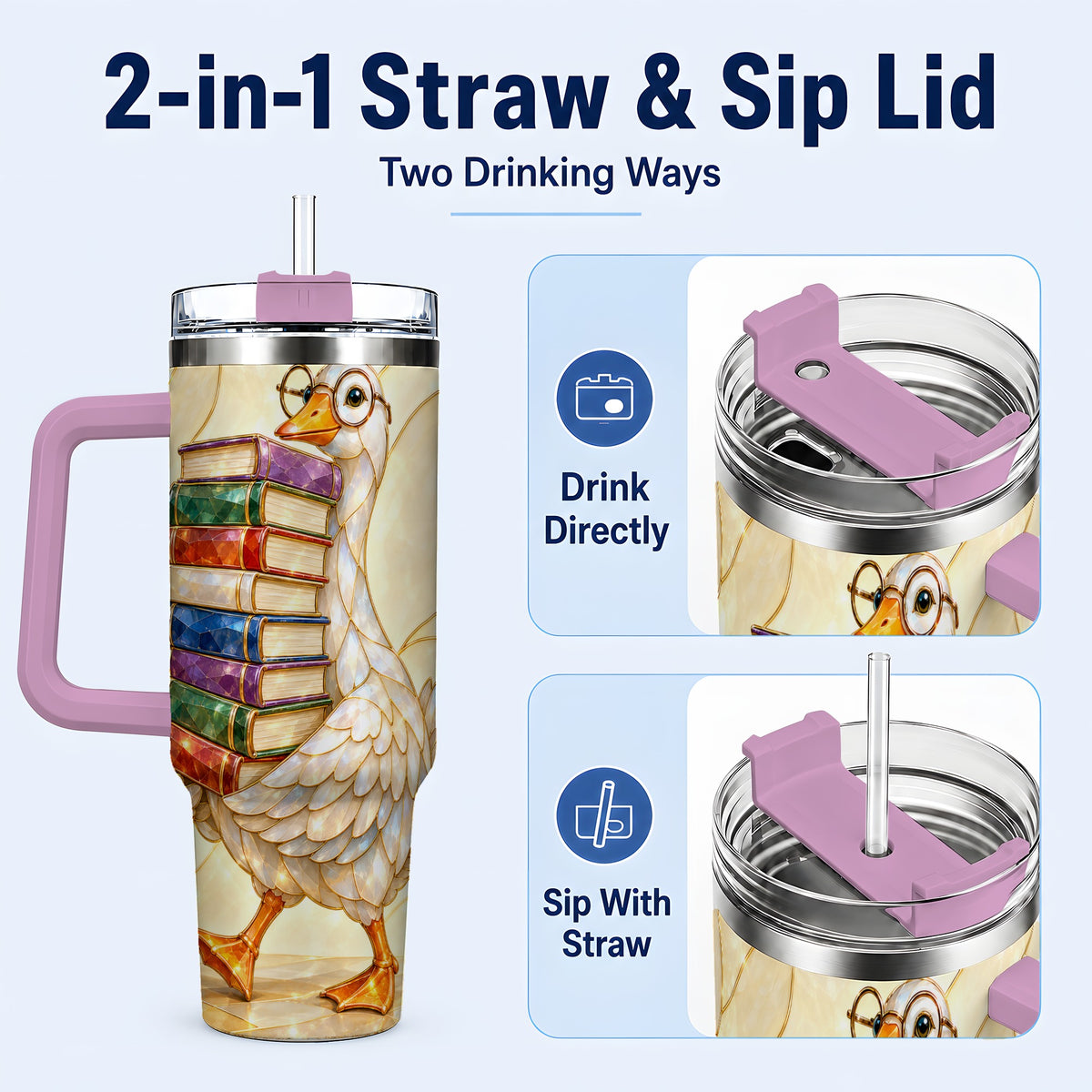 #pl[40oz|Pink] Bookish Goose 40oz Tumbler with Handle, Reading Bird Travel Cup