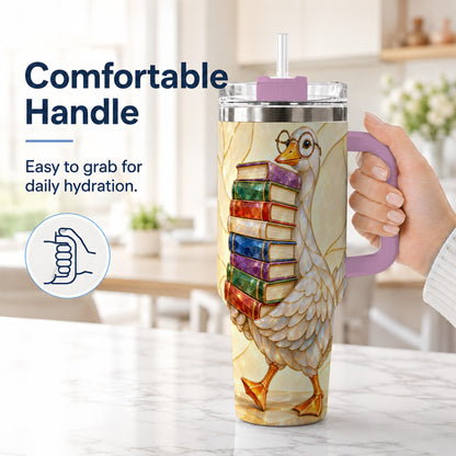 #pl[40oz|Pink] Bookish Goose 40oz Tumbler with Handle, Reading Bird Travel Cup