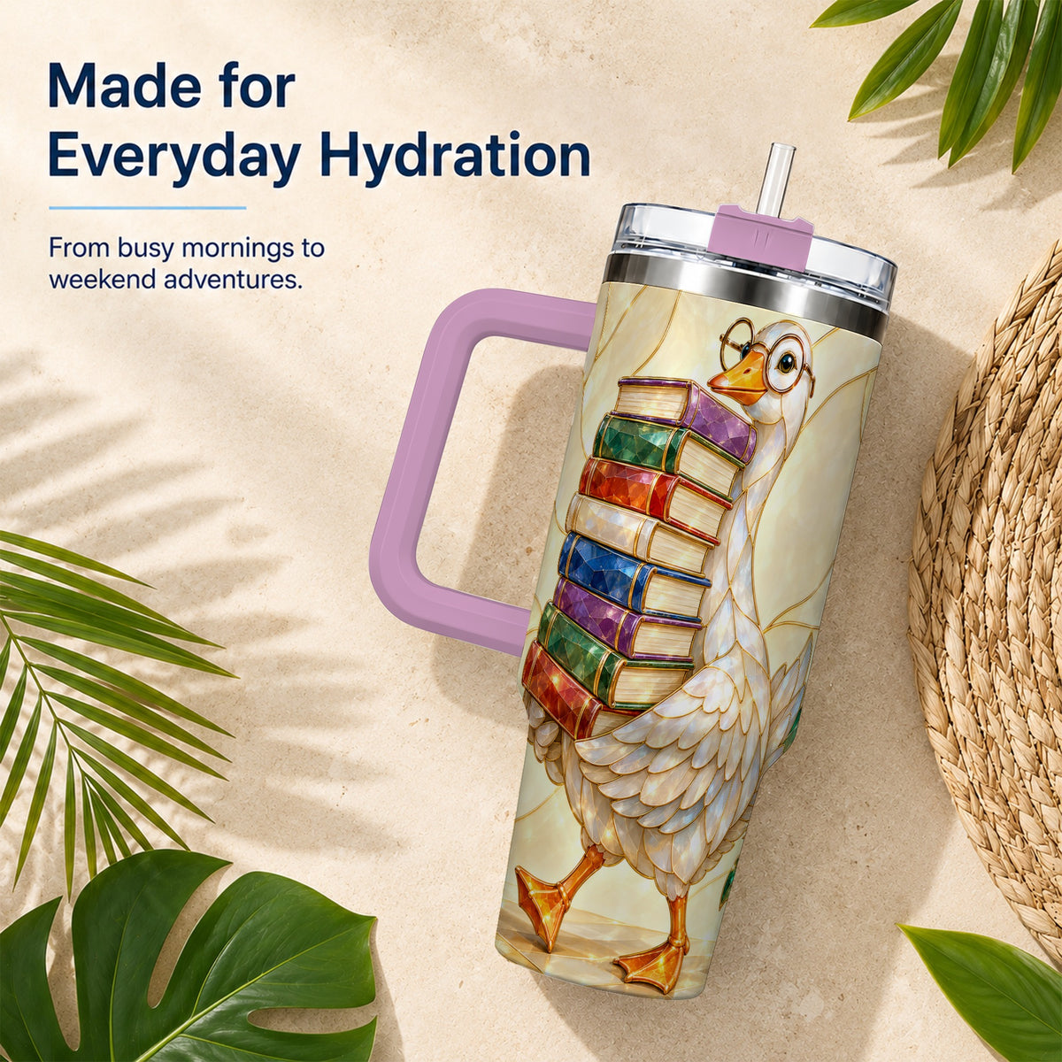 #pl[40oz|Pink] Bookish Goose 40oz Tumbler with Handle, Reading Bird Travel Cup