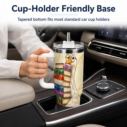 #pl[40oz|White] Bookish Goose 40oz Tumbler with Handle, Reading Bird Travel Cup