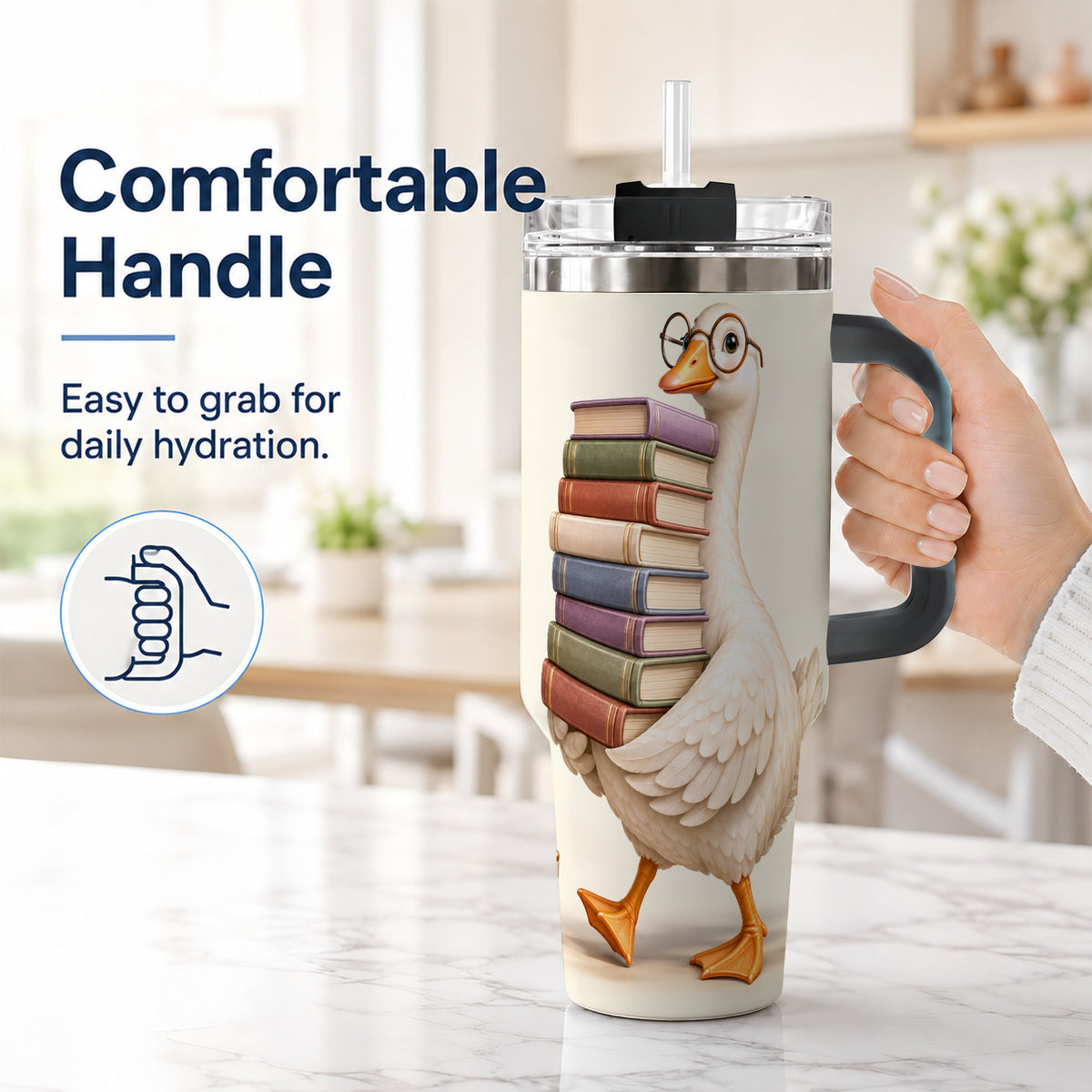 #pl[40oz|Black] Reading Goose 40oz Tumbler with Handle, Book Lover Travel Cup
