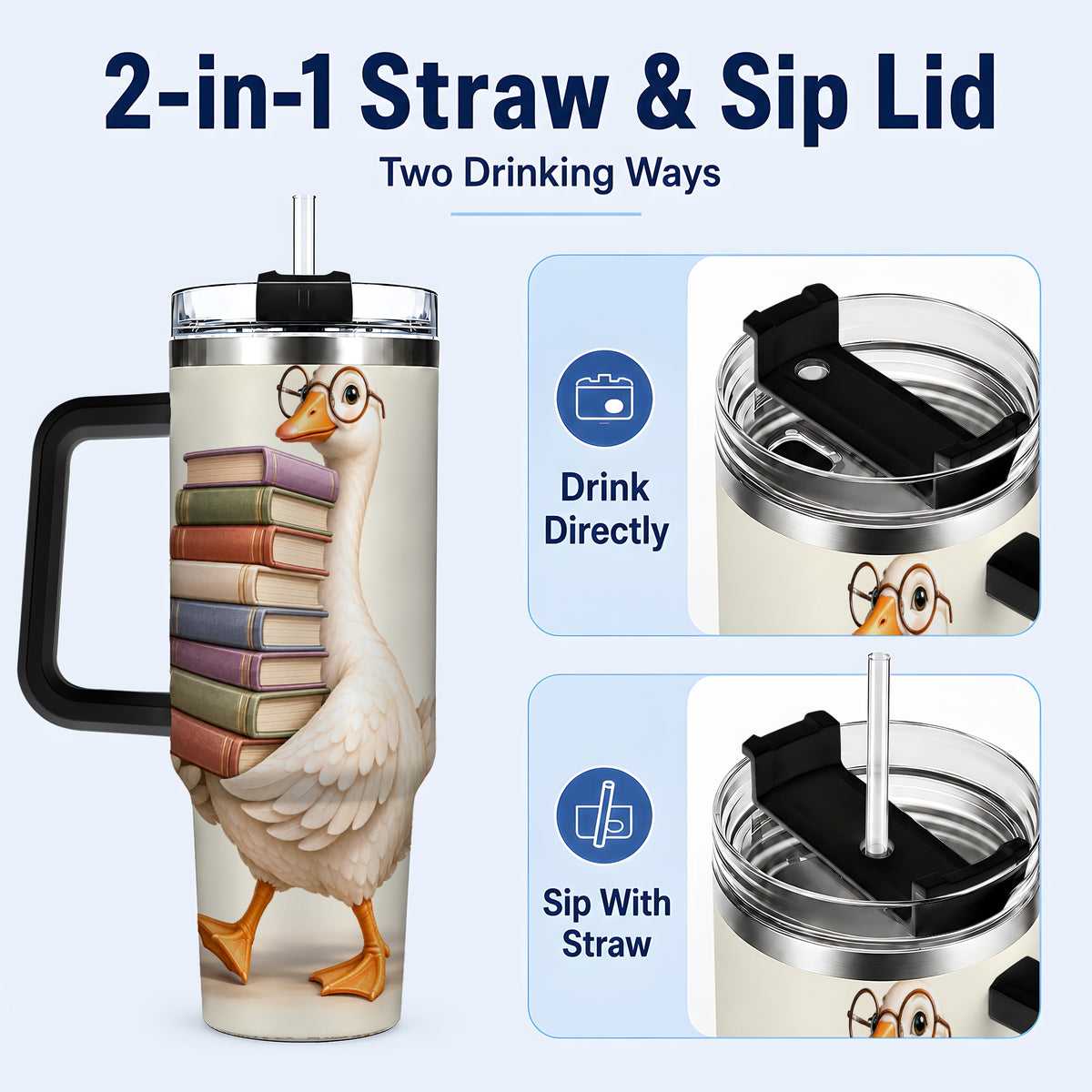 #pl[40oz|Black] Reading Goose 40oz Tumbler with Handle, Book Lover Travel Cup