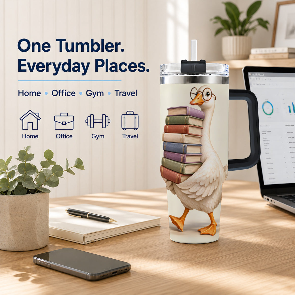 #pl[40oz|Black] Reading Goose 40oz Tumbler with Handle, Book Lover Travel Cup