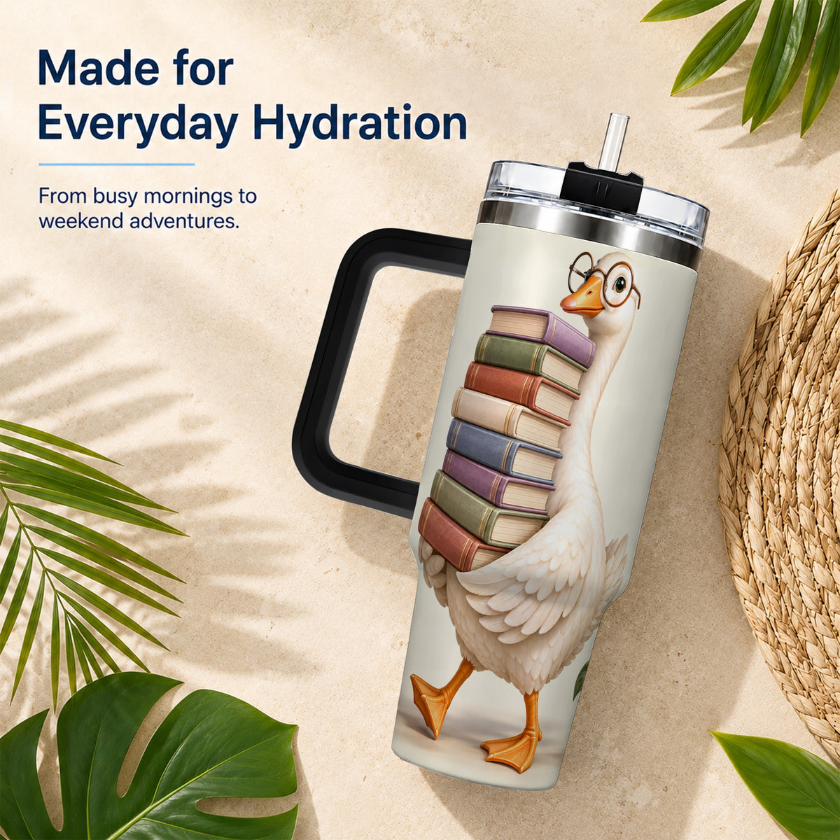 #pl[40oz|Black] Reading Goose 40oz Tumbler with Handle, Book Lover Travel Cup