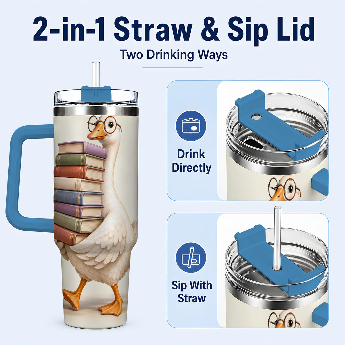 #pl[40oz|Blue] Reading Goose 40oz Tumbler with Handle, Book Lover Travel Cup
