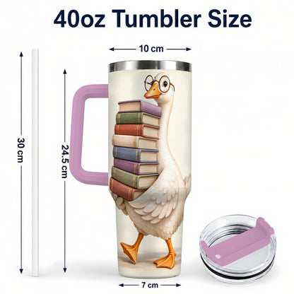 #pl[40oz|Pink] Reading Goose 40oz Tumbler with Handle, Book Lover Travel Cup