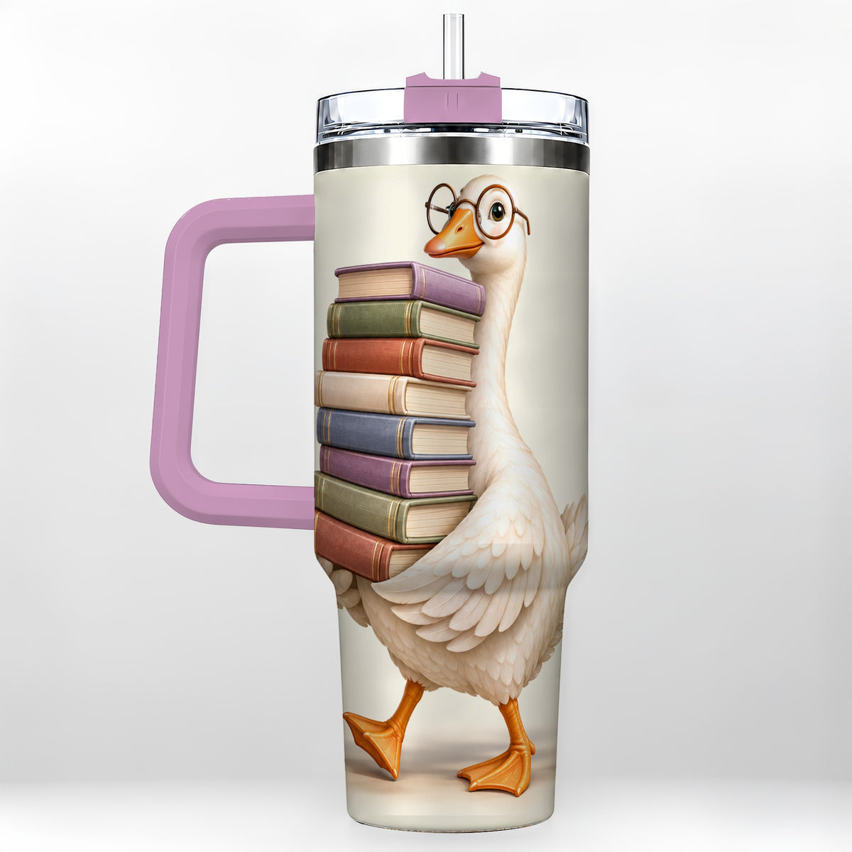 #pl[40oz|Pink] Reading Goose 40oz Tumbler with Handle, Book Lover Travel Cup
