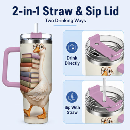 #pl[40oz|Pink] Reading Goose 40oz Tumbler with Handle, Book Lover Travel Cup