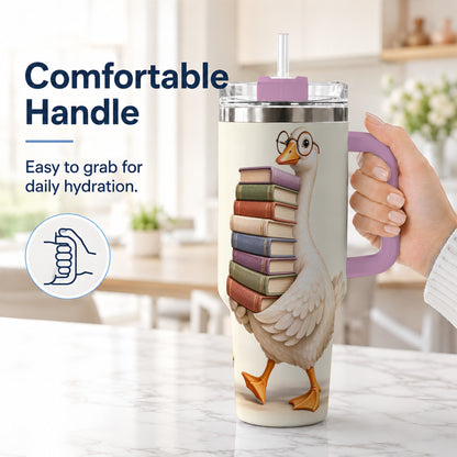 #pl[40oz|Pink] Reading Goose 40oz Tumbler with Handle, Book Lover Travel Cup
