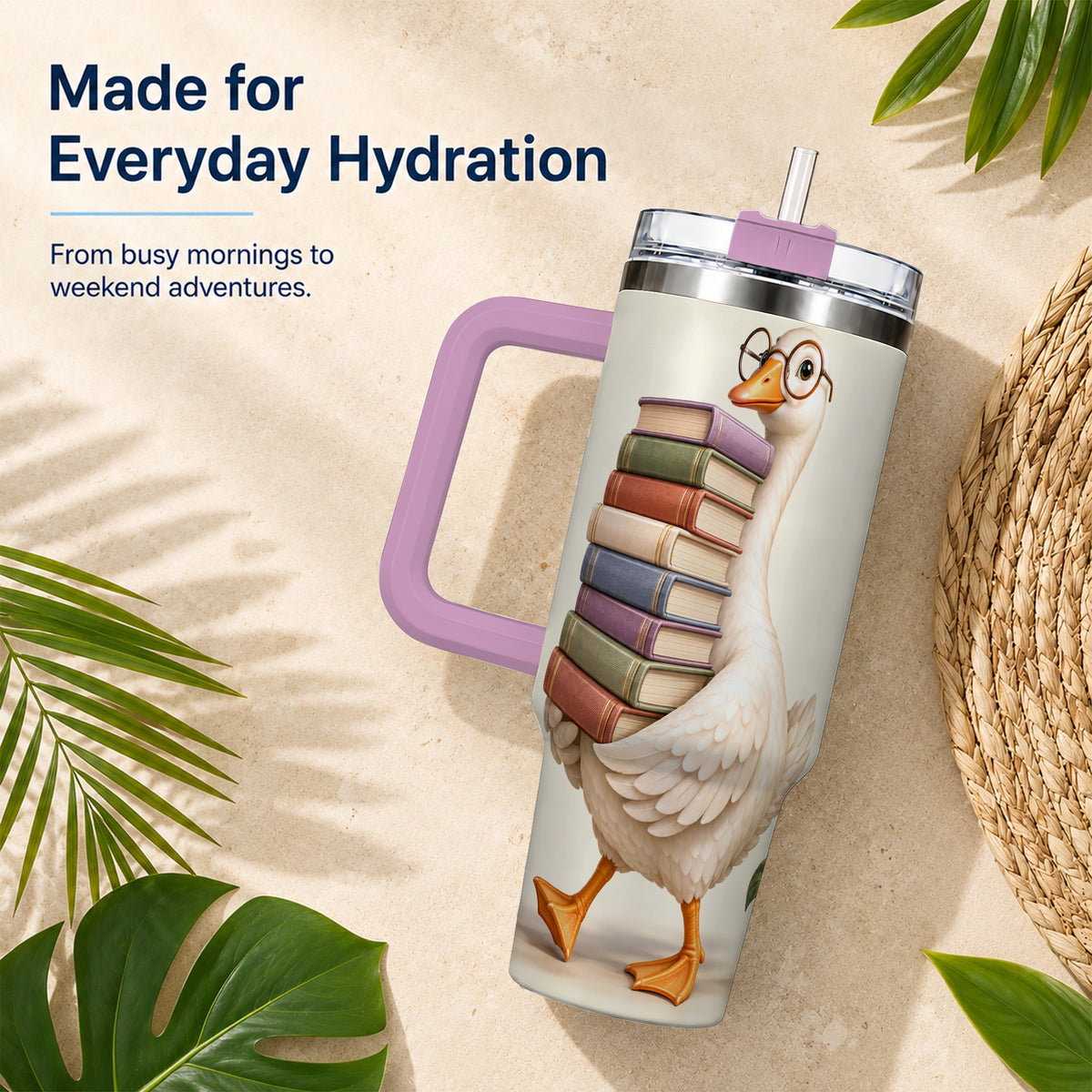 #pl[40oz|Pink] Reading Goose 40oz Tumbler with Handle, Book Lover Travel Cup