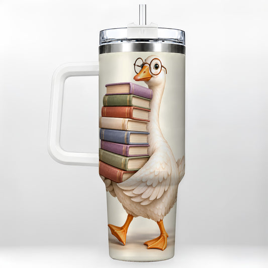 Reading Goose 40oz Tumbler with Handle, Book Lover Travel Cup