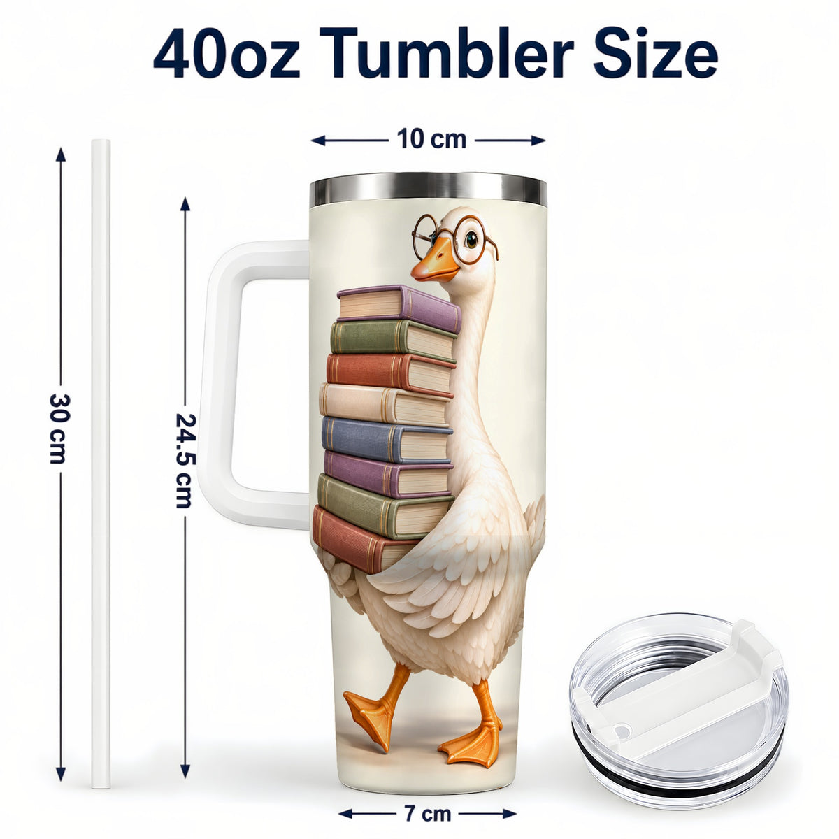 #pl[40oz|White] Reading Goose 40oz Tumbler with Handle, Book Lover Travel Cup