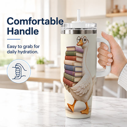 #pl[40oz|White] Reading Goose 40oz Tumbler with Handle, Book Lover Travel Cup