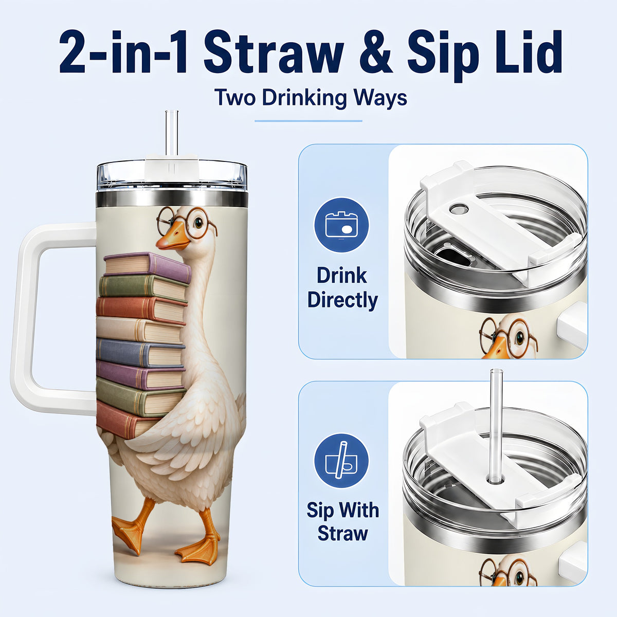 #pl[40oz|White] Reading Goose 40oz Tumbler with Handle, Book Lover Travel Cup