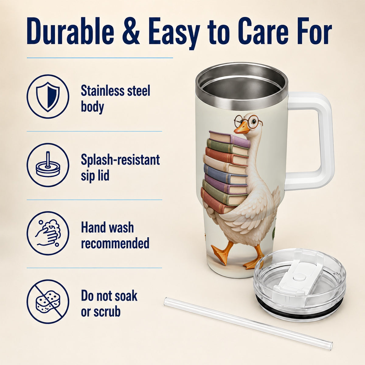 #pl[40oz|White] Reading Goose 40oz Tumbler with Handle, Book Lover Travel Cup