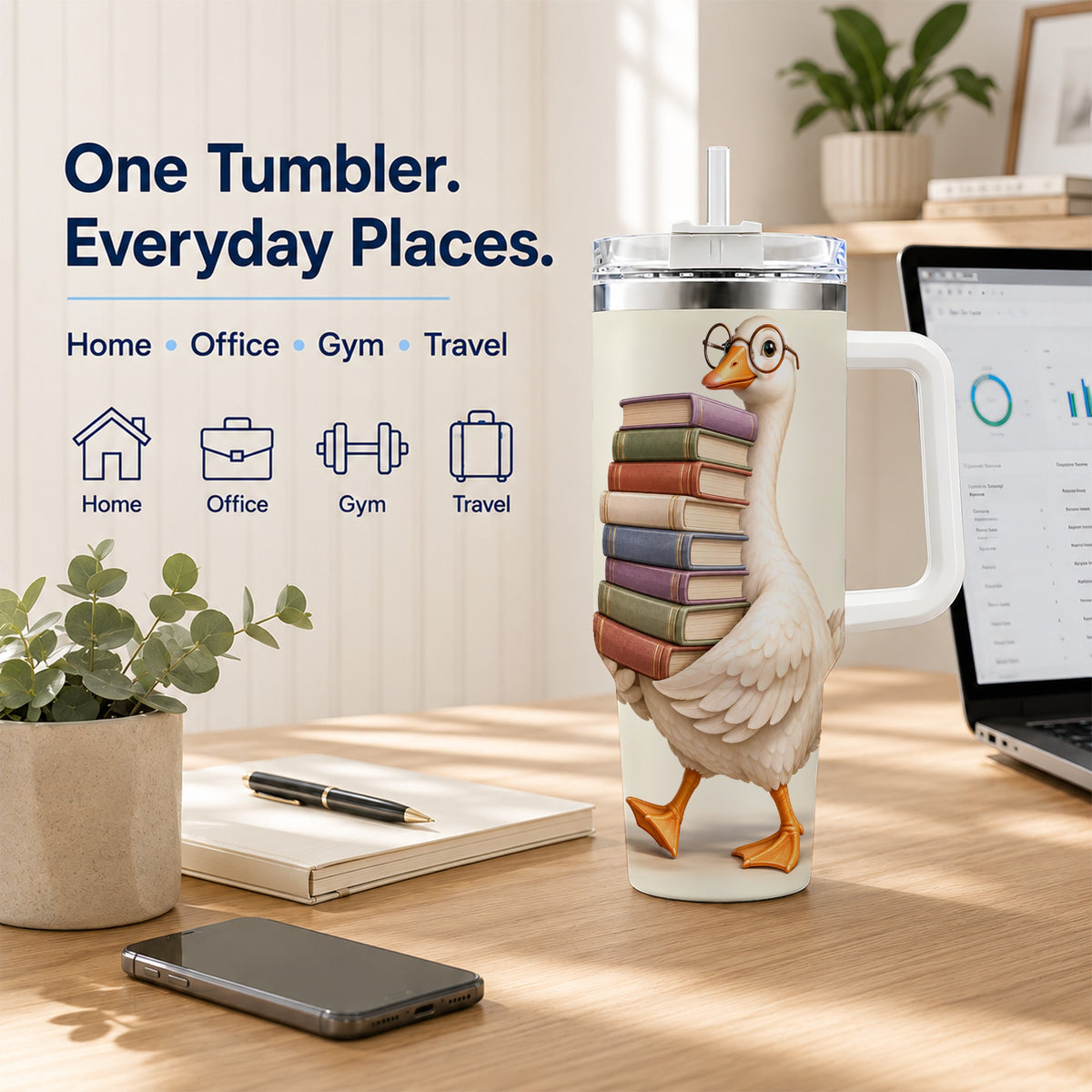 #pl[40oz|White] Reading Goose 40oz Tumbler with Handle, Book Lover Travel Cup