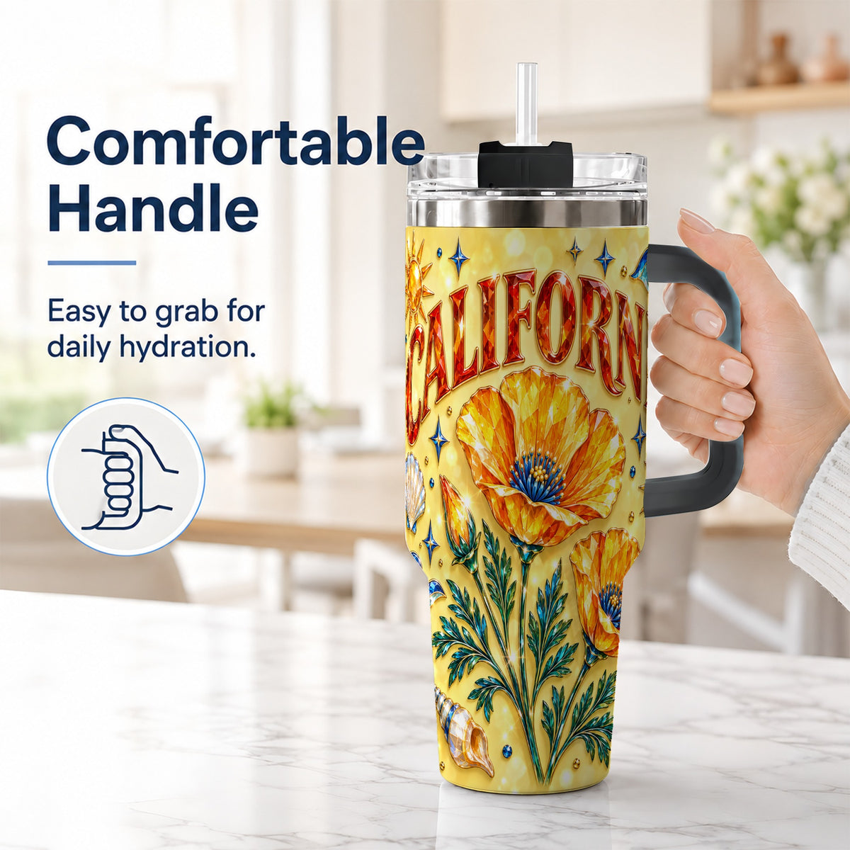 #pl[40oz|Black] California Poppy 40oz Tumbler with Handle, Coastal Floral Travel Cup