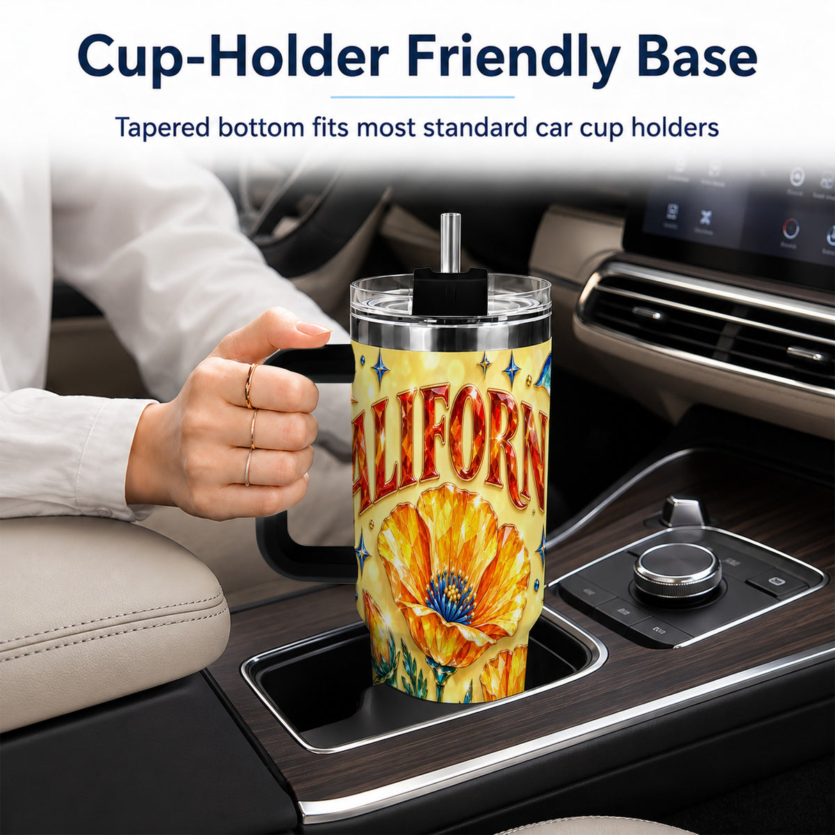 #pl[40oz|Black] California Poppy 40oz Tumbler with Handle, Coastal Floral Travel Cup