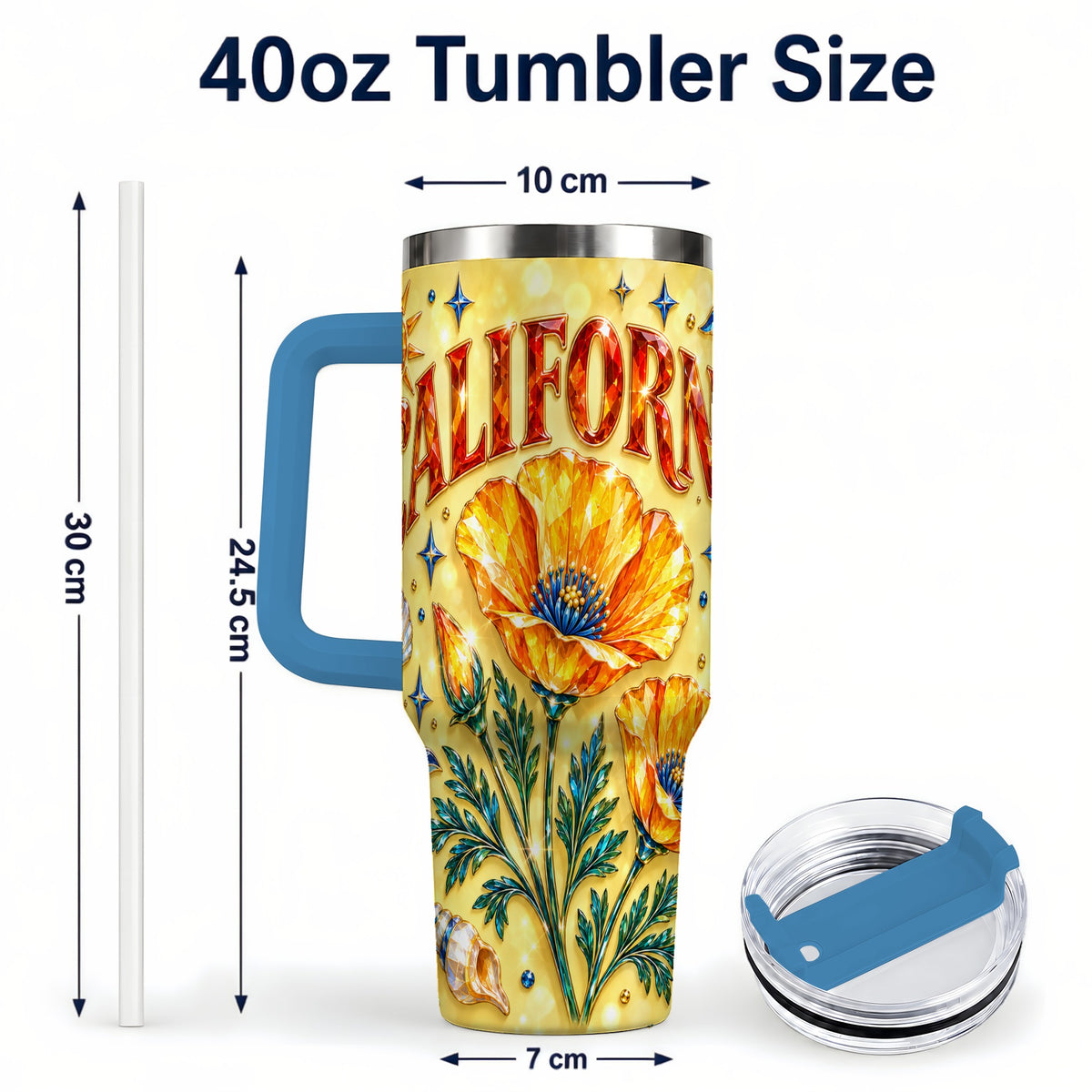#pl[40oz|Blue] California Poppy 40oz Tumbler with Handle, Coastal Floral Travel Cup